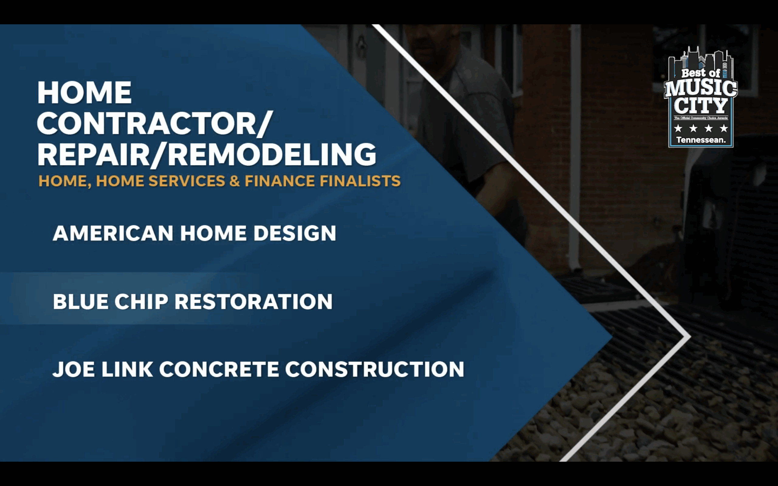 A Best of Music City Home Contractor of a website with a blue header that says "HOME" and a logo in the top right corner.