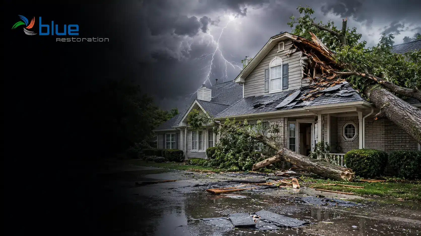 Storm-damaged home with fallen tree and roof damage in Middle Tennessee for Blue Chip Restoration