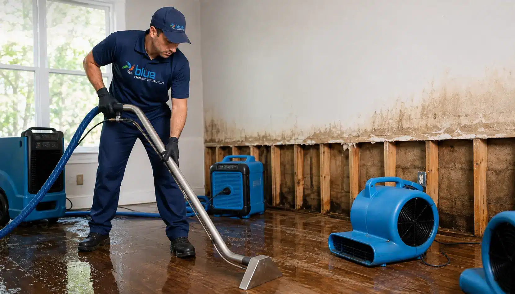 Water damage restoration technician in navy uniform extracting standing water from a wet hardwood floor with professional equipment inside a damaged home.